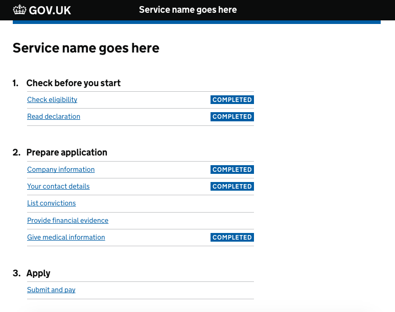 A screenshot showing an example of the task list page, includes a heading, and three grouped sections that each contain tasks, some of these tasks are marked as completed.